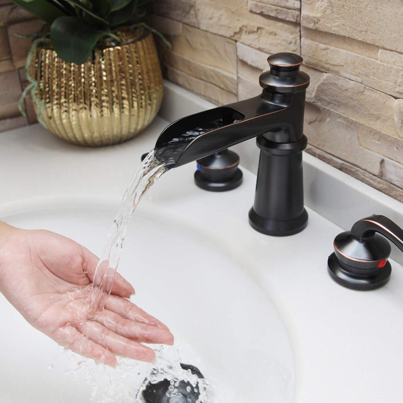 BATHLAVISH Oil Rubbed Bronze Bathroom Faucet 3 Hole 2-Handle Widespread Waterfall with Pop Up Drain Assembly Has Overflow 8-16 Inch Farmhouse Mixer Tap Supply Line Commercial - Image 5